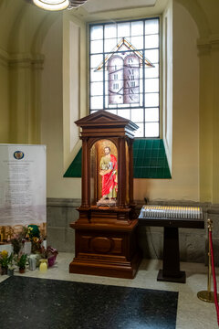 Madrid, Madrid - October 01, 2024: Inside Church of Saint Gines, one of the oldest churches in Madrid. Sculpture of Saint Jude Thaddeus