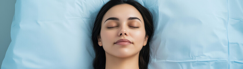 Obraz premium Surgery eyelid rejuvenation concept. A serene woman lies on a soft surface with her eyes closed, conveying a sense of tranquility and relaxation.