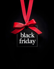a black friday sale sign on a black background with a red ribbon tied around it