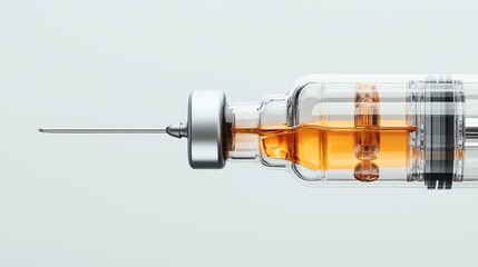 Close-up of a syringe with orange liquid inside, featuring a clear barrel and sharp needle on a light background.