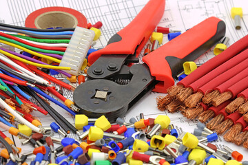 Electrical installation tools and materials for the assembly of electrical equipment. Soft focus. Close-up.