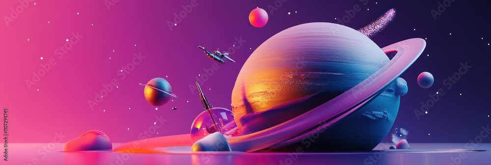 Canvas Prints a vibrant space scene featuring a colorful planet with rings and various celestial bodies.