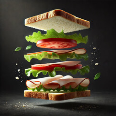 A visually captivating, floating sandwich that beautifully showcases fresh ingredients and enticing layers