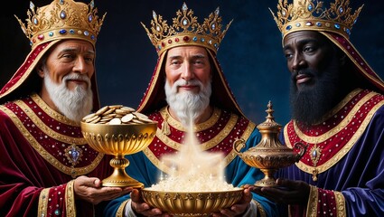 Majestic close-up of three wise men with regal faces glowing with kindness, holding treasures
