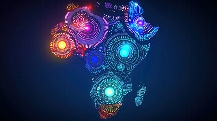 A vibrant, abstract representation of the African continent, adorned with colorful patterns and glowing circles, evoking a sense of energy and creativity.