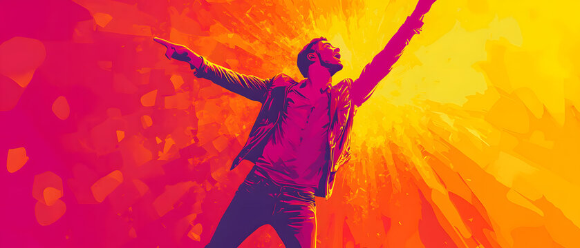 Energetic Man Triumphantly Raising Arms in Vibrant Abstract Background