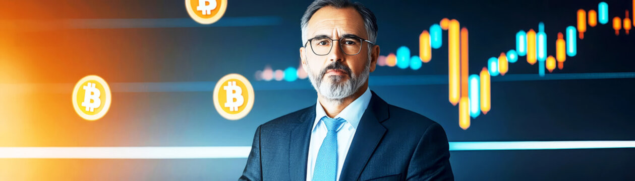 Investor reviewing cryptocurrency returns in a hightech office with digital projections, blockchain technology, investor analyzing returns, digital asset growth