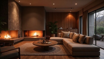 Cozy modern living room with fireplace and sofa for elegant home interior design