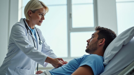 Obraz premium Doctor Examines Male Patient With Stethoscope in a Modern Clinic Setting