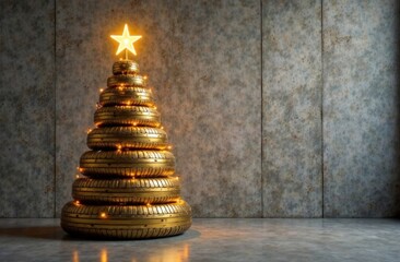 Unique Christmas tree made of stacked golden tires, illuminated with warm string lights and topped with a glowing star, set against a textured industrial wall