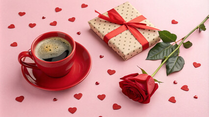 Romantic Valentine's Day setup featuring a red coffee cup, gift, and rose on a pink background. Perfect for love and romance themes
