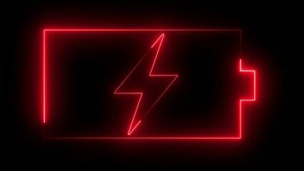 Lightning blinking bolt symbol Neon glowing battery charging icon with mobile concept. Neon battery icon Red color Battery Status Sign with black background.  Neon mobile charging icon