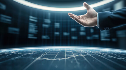 business professional presenting digital globe with data visualization