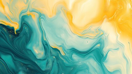 Vibrant abstract artwork in swirling teal and yellow hues.