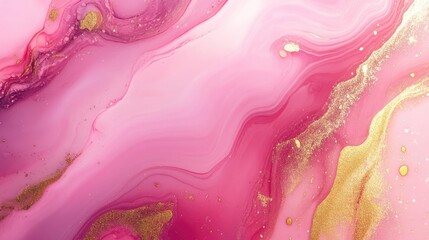 Vibrant pink and gold abstract marble texture with flowing patterns.