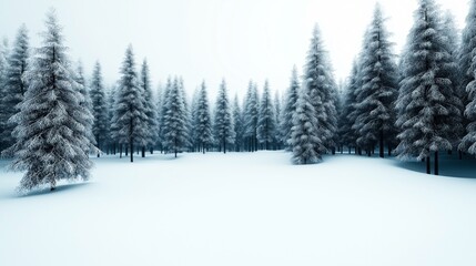 Obraz premium Snow-covered evergreen trees in a tranquil winter forest under a light blue sky, creating a serene and peaceful landscape of untouched nature.