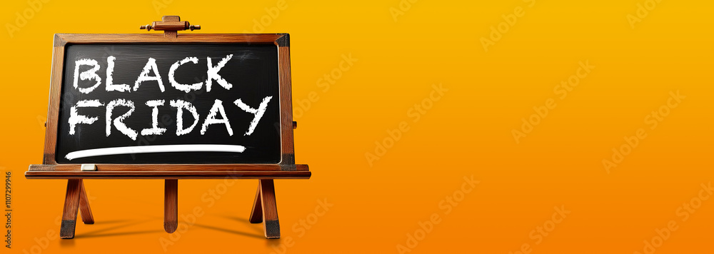 Fototapete closeup of a blackboard on a wooden easel (tripod) with the text written in chalk, black friday in e