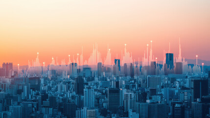 vibrant skyline at sunset with energy data overlay, showcasing innovation