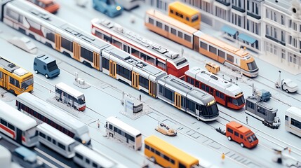 Aerial view of a miniature urban landscape featuring diverse public transport systems including trams, buses, and cars on a busy city street, creating a dynamic scene.