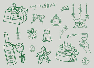 Christmas hand drawn whimsical line art element for party Invitations, card and more. Doodle icons, Vector Illustrations
