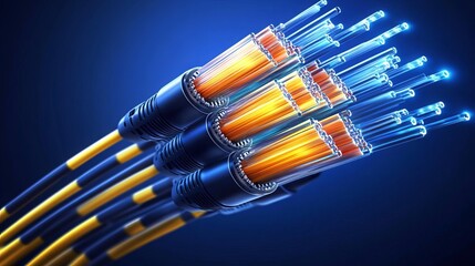 An intricate network of fiber optic cables, rendered in three dimensions, rests against a dark blue backdrop. The cables' intricate design and vibrant colors contribute to their futuristic aesthetic