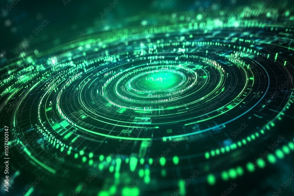 Poster digital spiral pattern with glowing green circles creating a futuristic atmosphere in a virtual land