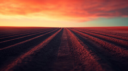 Vibrant sunset over plowed field with warm tones and deep shadows