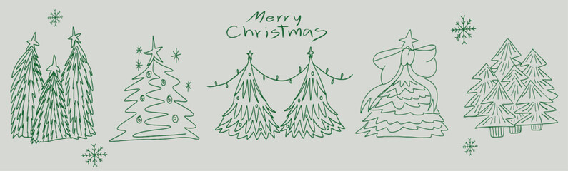 Christmas tree hand drawn whimsical line art element for party Invitations, card and more. Doodle icons, Vector Illustrations