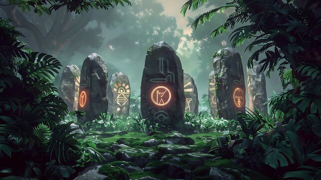 A sacred stone circle surrounded by lush greenery, with ancient symbols etched into each stone, illuminated by the soft glow of twilight - Powered by Adobe
