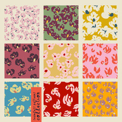 Set. Collection. Square seamless patterns, backgrounds, wallpapers with different abstract flowers. Abstract modern trendy style. Vector design