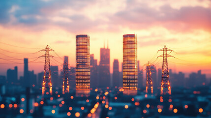 Fototapeta premium vibrant city skyline with electricity towers at sunset