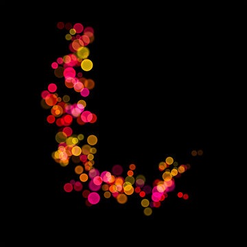 The letter "L" of the English alphabet made with multicolored bokeh lights effect, Bokeh abstract isolated on black background, Blur, Glitter, Seamless polka dot pattern, Creative, Illustration design