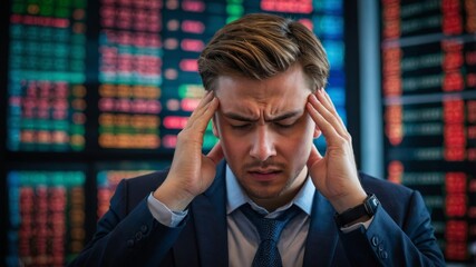 Stressful moments of a businessman during stock market fluctuations in the office