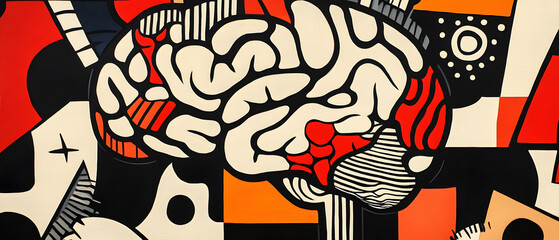 Obraz premium Abstract Brain Artwork: Bold Red, Black, and White Pop Art Style Brain Illustration