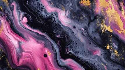 Obraz premium Abstract artwork with swirling pink, black, and gold hues creating a dynamic and vibrant composition.