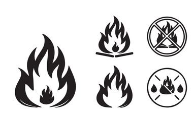Set of Black Fire Flat Icons and Pictograms Isolated on a White Background