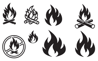 Set of Black Fire Flat Icons and Pictograms Isolated on a White Background