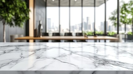 Elegant marble table in a modern office with city view and greenery.