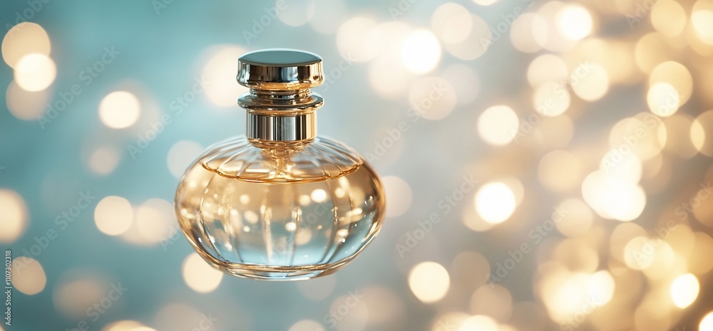 Poster a floating perfume bottle with a blurred, shimmering background.
