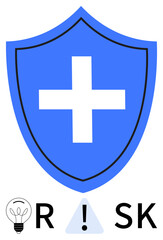 Fototapeta premium Blue shield with white cross, placed between a light bulb and a warning sign to form the word Risk. Ideal for security, healthcare, innovation, caution, safety, alertness risk management. Line
