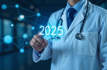 Futuristic concept of a male doctor in a lab coat with a stethoscope, touching a glowing "2025" hologram with a network of digital connections in a modern healthcare setting