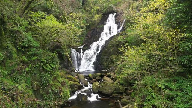 Torc waterfall in county Kerry, Ireland, aerial liftoff. Forest water stream cascading in Autumn