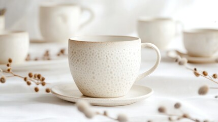 Fototapeta premium Textured ceramic coffee cup and saucer on white linen.