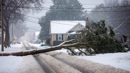 Snow-covered suburban street with a fallen tree, power lines down, and a house surrounded by snow in a heavy winter storm