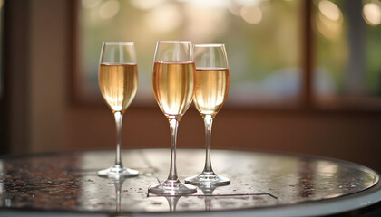 Three champagne glasses, elegant mood, celebration, soft sunlight background in cozy setting
