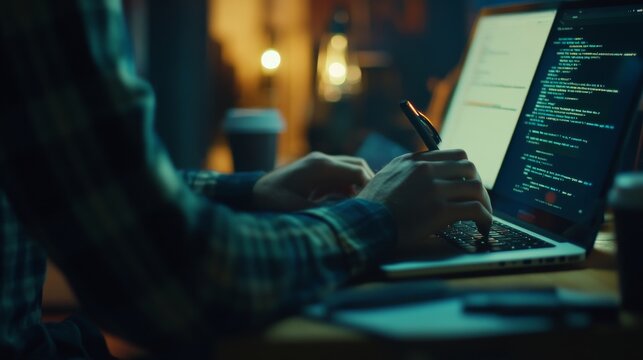 Hands typing on laptop with programming code on screen, representing software development. Perfect for coding, IT solutions, digital technology, web applications.