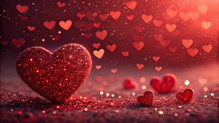 A multitude of vibrant red heart shapes create a sparkling and romantic abstract background filled with love and warmth. Perfect for Valentine's Day themes or heartfelt designs. 