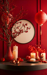 Happy Chinese New Year 2025. Festive room for Chinese New Year with candles and golden symbols for card design and empty space for text. China zodiac lunar calendar animal. Year of the snake.