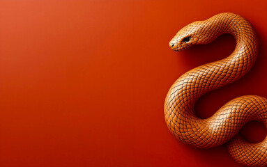 Fototapeta premium Happy Chinese New Year 2025. Wood Chinese snake over vibrant red background for card design. China zodiac lunar calendar animal. Year of the snake.