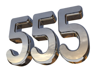 Isolated Number 555 or Triple Five in Silver Metallic Color, 3D Render Illustration.